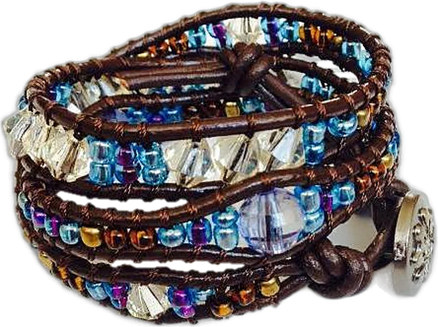 Three-wrap leather bracelet with blue seed beads and clear crystal