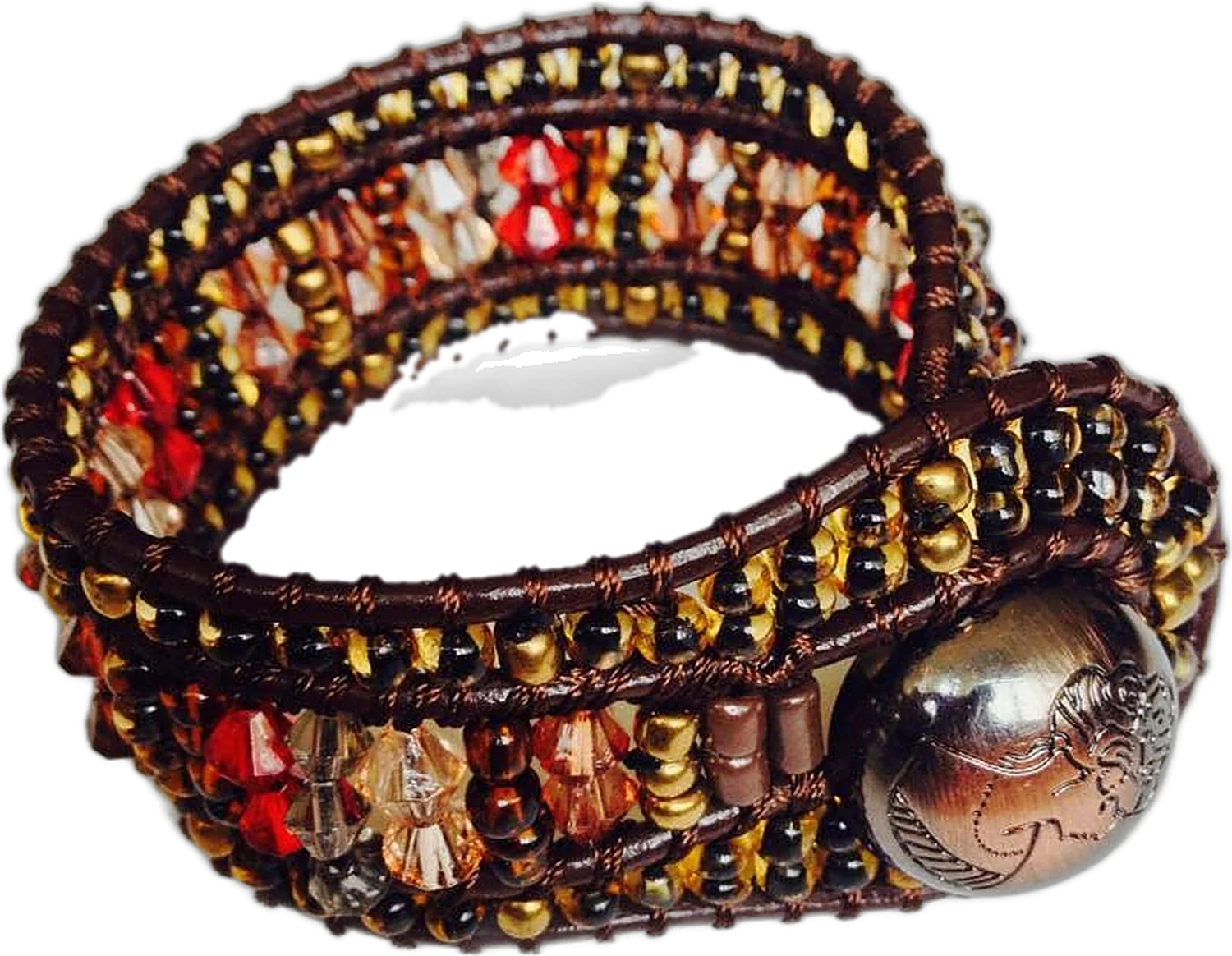 Wide beaded ladder cuff in red, peach and gold with a metal button