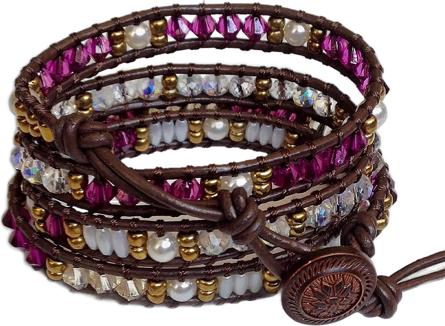 Five-wrap leather bracelet with fuchsia crystal, pearls and gold beads