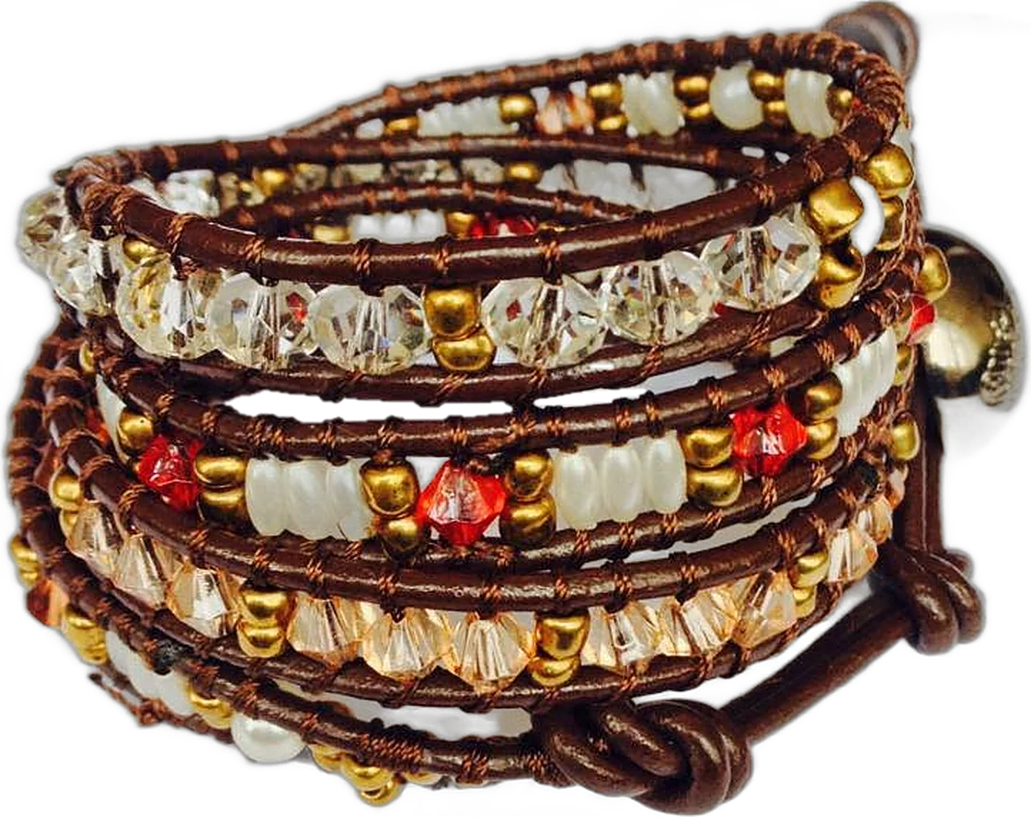 Five-wrap leather bracelet with clear crystal, pearls and gold beads