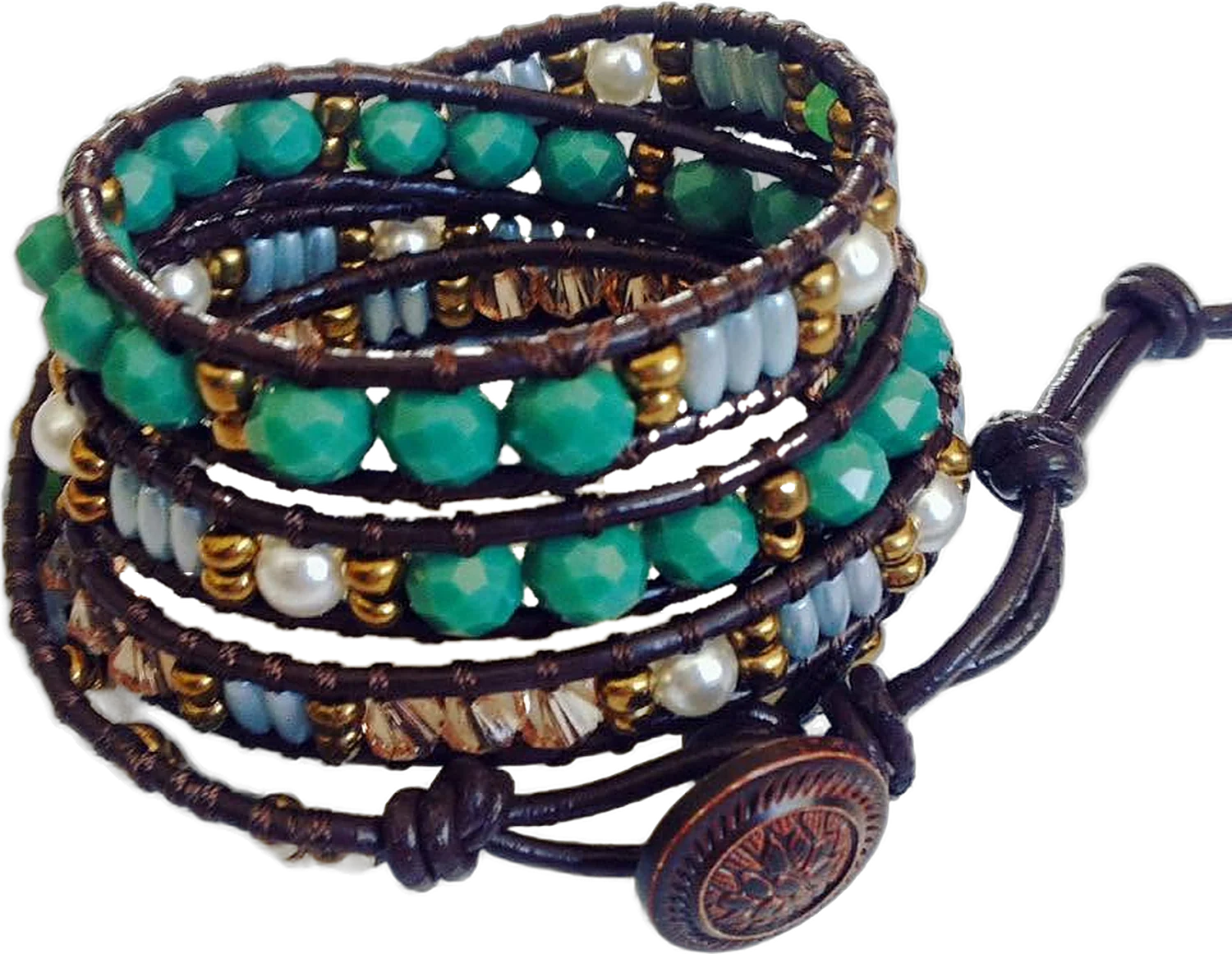 Four-wrap leather bracelet with jade green crystal, pearls and gold beads