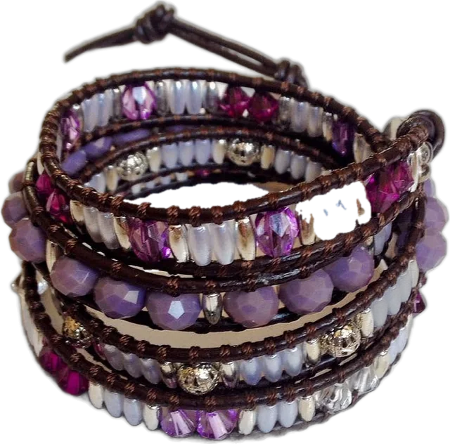 Lavender wrap bracelet: Lilac faceted beads, fuchsia and silver