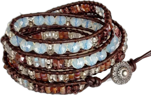Opal blue wrap bracelet: Milky opal blue with amber seed beads