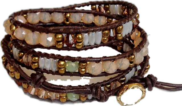 Peach & gold wrap bracelet: Peach opal crystal with gold and sage