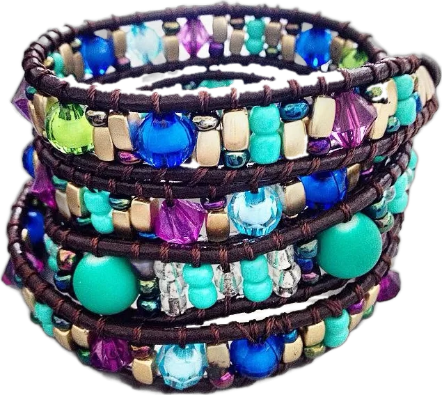 Peacock wrap bracelet: Cobalt, turquoise and violet with gold tiles
