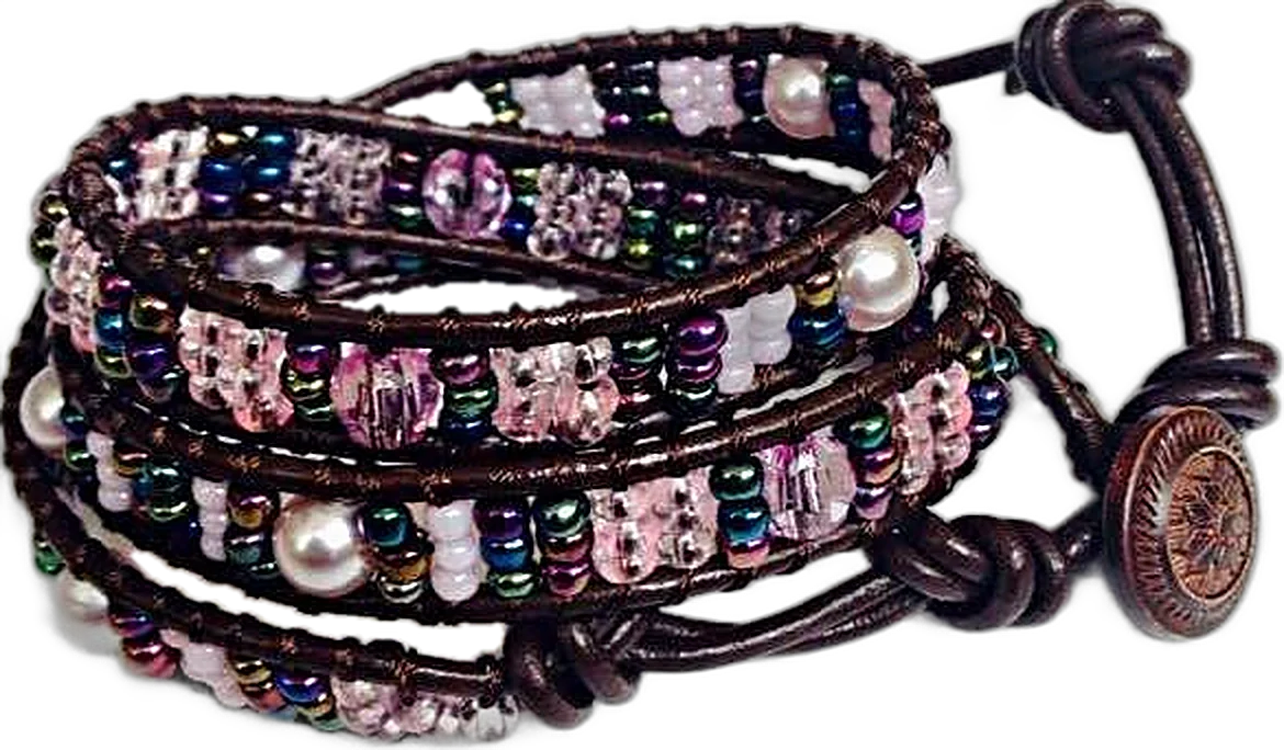 Three-wrap leather bracelet with pink crystal, pearls and iris beads