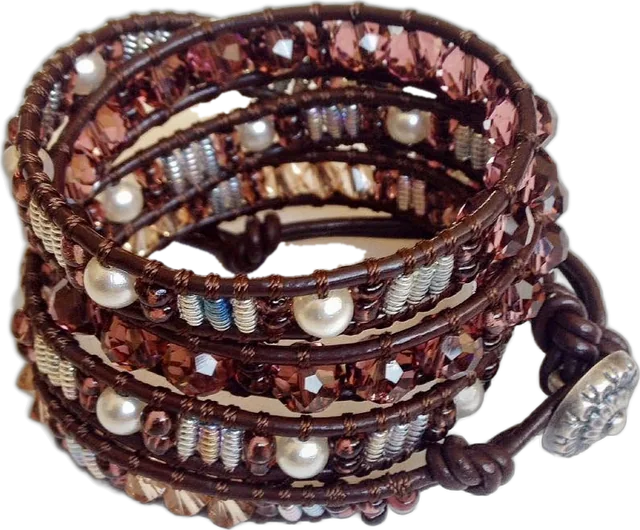 Plum pearl wrap bracelet: Smoky plum crystal, pearls and silver