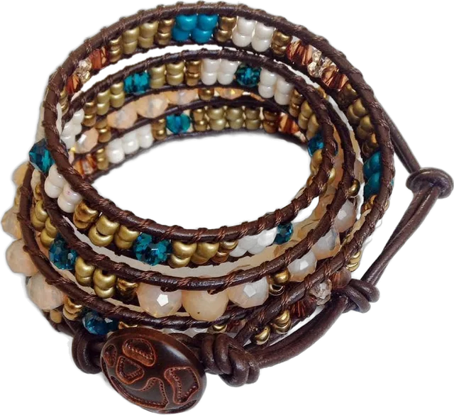 Teal sands wrap bracelet: Cream, gold and teal crystal on brown