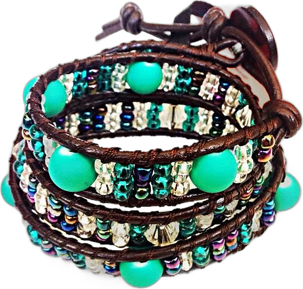 Three-wrap leather bracelet with turquoise stones and iridescent beads